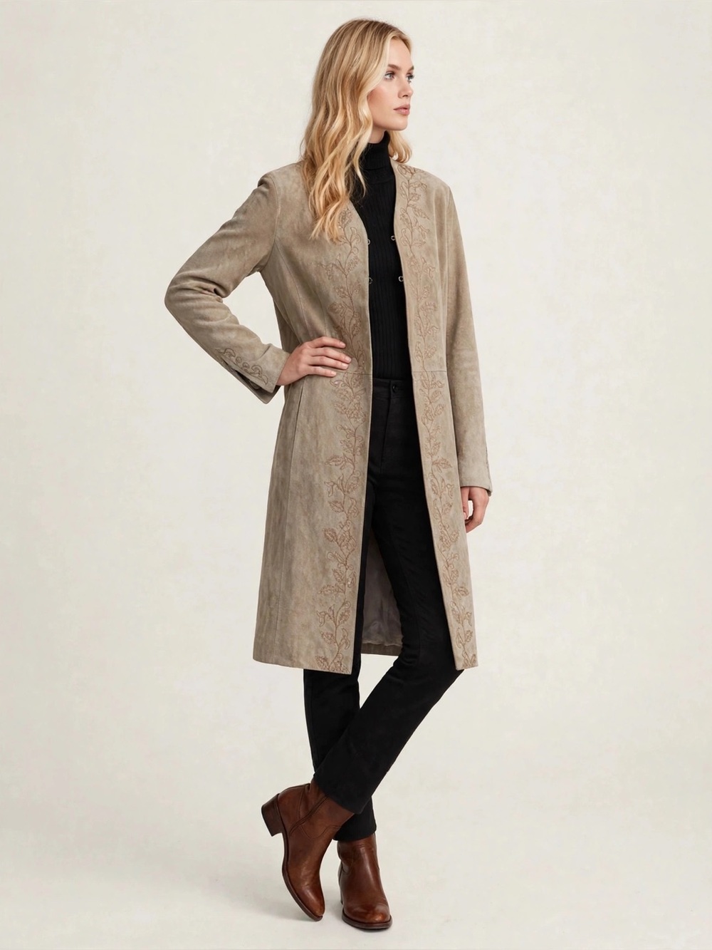 Women's Long Embroidered Suede leather Coat - Taupe